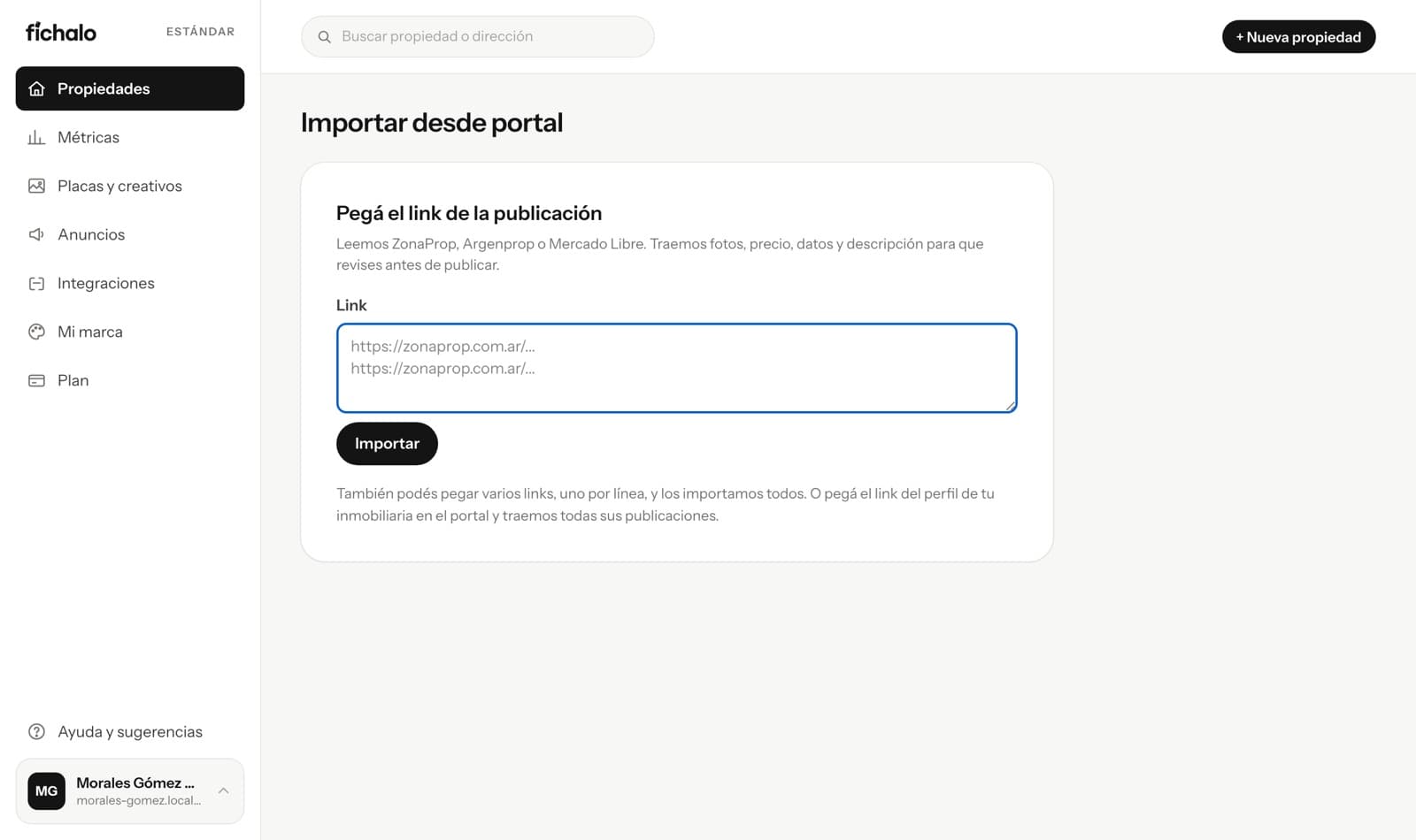 Pantalla de Fichalo para importar desde un portal, con el campo para pegar el link del aviso y el botón Importar