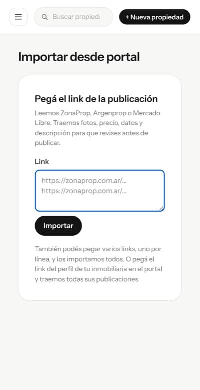Pantalla de Fichalo para importar desde un portal, con el campo para pegar el link del aviso y el botón Importar