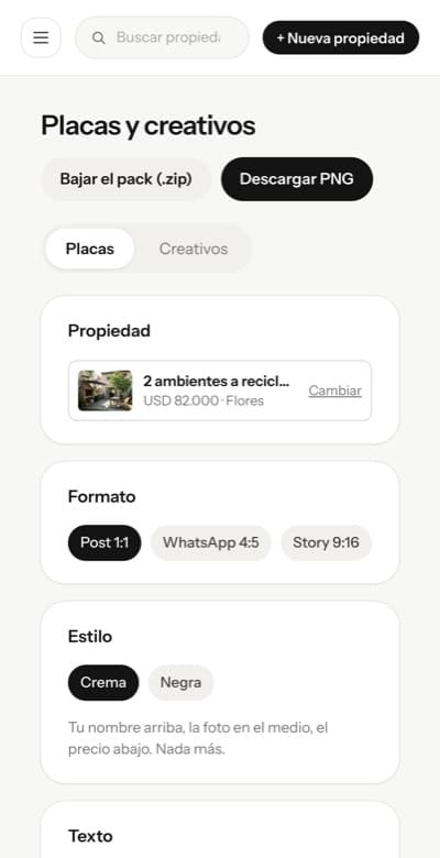 Pantalla de placas y creativos de Fichalo con la vista previa de una placa en crema y en negra, y los formatos Post, WhatsApp y Story