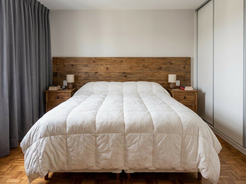 Dormitorio con cabecera de tablones de madera, dos mesas de luz con veladores y placard de puertas corredizas