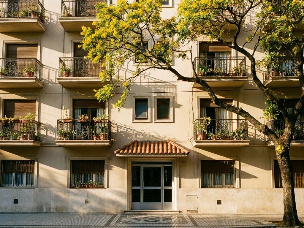 Fachada de un edificio de departamentos en una calle arbolada de Caballito